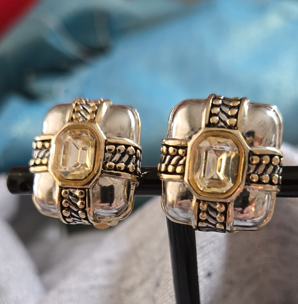 Two-Tone Clip Earrings Silver Tone Gold Tone Crystal 90's Designer Inspired - Picture 2 of 4